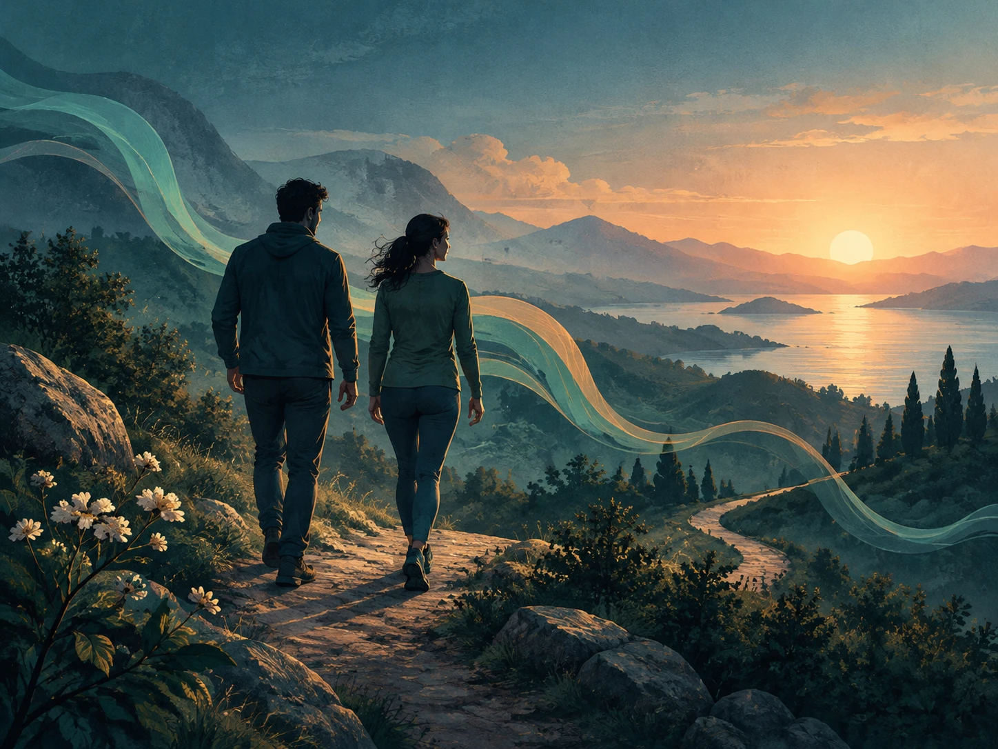 Editorial illustration of two adults walking at dawn, not a treatment result
